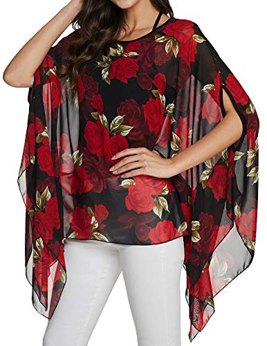 OUKIN Women's Bohemian Floral Batwing Sleeve Chiffon Blouse Oversize Loose Tunic Tops (X-Large, Red Floral)