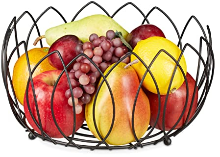 Relaxdays Cestino Portafrutta, Cesto Centrotavola Decorativo, Fruttiera Rotonda in Filo di Metallo, HxD: 13x27 cm, Nero, Ferro, 1 pz