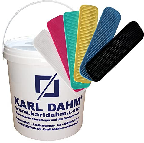 Karl Dahm Unterlegplättchen Set im Eimer, 600 Stück I Kunststoff-Abstandshalter 80 x 23 mm I 100 x 1, 2, 3, 4, 5, 6 mm – 12754