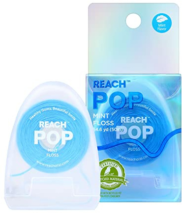 REACH POP Dental Floss, Mint, Plaque Remover for Teeth, Shred Resistant, Vegan Wax, Cruelty Free, Eco Friendly Packaging, Oral Care, PFAS Free, for Adults & Kids, 1 Pack, 54.6 yd