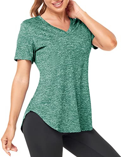 Deaviya Sport T-Shirt Damen, Fitness Sport Shirt Kurzarm Oberteile, V-Ausschnitt Laufshirt für Frauen, Workout, Gym Yoga Shirt Damen