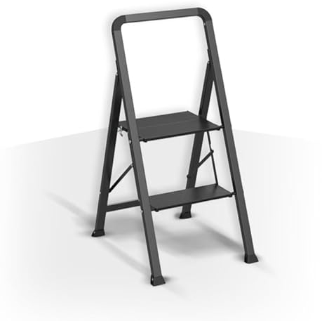 MSV - Escabeau Pliant 2 Marches en Acier - Capacité 150 kg - Norme GS Sécurité - Design Compact et Pliable, Gain de Place - Pieds Antidérapants - Noir