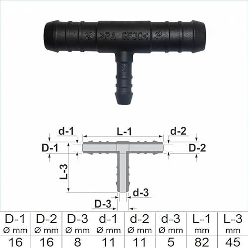1, 2, 3, 5 oder 10 Stück T-Schlauchverbinder reduziert 16 mm 8 mm 16 mm PA GF30 T Stück schwarz (3)