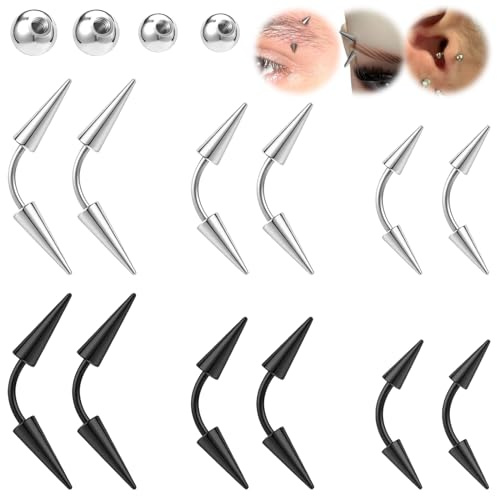 BodyAce 16G Spike Eyebrow Piercing Jewelry, Curved Barbell Eyebrow Tragus Lip Rings with Balls, Black Spike Earrings Rook Nose Bridge Ring for Women Men (Bar Length:8mm)