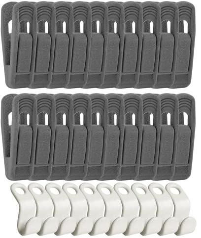 20 Stück beflockte Wäscheklammern mit 10 Kleiderbügel-Verbindungshaken, verdickte Hosenklammern, Samt-Kleiderbügelklammern, tragbare rutschfeste Wäscheklammern für Verschiedene Kleidungsstücke (grau)