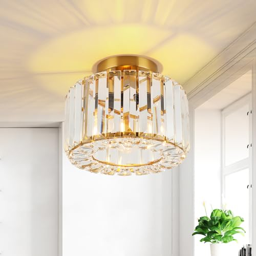 FORCOSO Kristall Deckenleuchte Ø245mm, Kronleuchter Gold mit Metall Rahmen Lampenschirm, Sockel E27 Deckenlampe, Moderne Lampe für Schlafzimmer Wohnzimmer Flur Küche Esszimmer