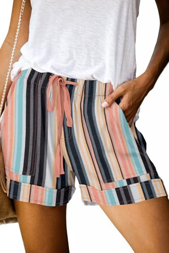 QUEEN PLUS Essentials Shorts for Women Casual Summer Soft Drawstring Shorts with Pockets Retro Stripe XXL
