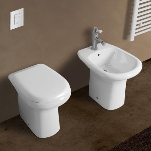 Set sanitari tradizionali serie Orient, wc con brida e scarico a pavimento, sedile incluso modello avvolgente