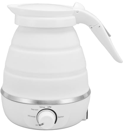 BuyWeek Hervidor de Agua Eléctrico Plegable de 850W, Hervidor Portátil de Silicona para Acampar, 600ml Apagado Automático Tetera Eléctrico para Viajes, Enchufe Europeo de 220V (Blanco)