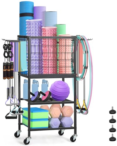 CADUKE Support d'Haltères et Rangement pour Tapis de Yoga avec Crochets et Roues - Support de Poids pour Haltères, Kettlebells, Bloc de Yoga, Rouleau en Mousse et Bande