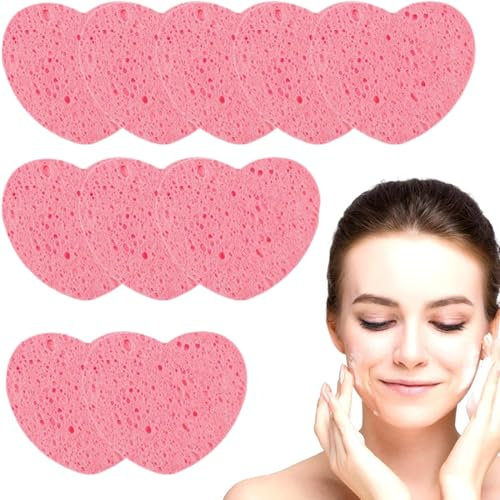 QEDBOJE 10pcs Form Cœur Éponges Visage Comprimées Eponge Démaquillage Réutilisable Rose Éponges Nettoyantes Éponge Faciale Compressée Pour Exfoliation Nettoyage Quotidien en Profondeur