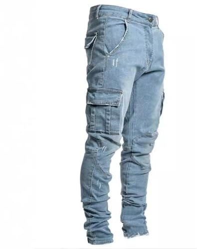 Cicilin Herrbyxor vardagliga jeans flera fickor cargo stridsbyxor normal passform töjbara denim arbetsjeans, Ljusblått, M