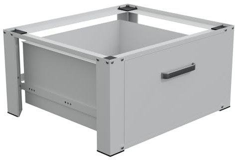 HAGO24 | Waschmaschinenuntergestell | Podest | Schublade | Ablage | 150kg Traglast | Gummifüße | 63x54x31,5cm | Rückenschonend | Weiß | Aluminiumgriff