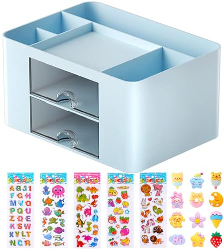 Lostwry Skrivbordsorganisatör med lådor, multifunktionell platsbesparande skrivbordsförvaring, pennhållare, bordsorganisatör för skrivbord med 5 fack för kontor, hem, skola (blå)