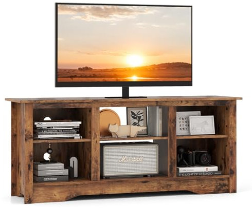 Soporte de TV de 65 pulgadas con estantes ajustables y gestión de cables, gabinete de TV de madera marrón rústica para sala de estar, dormitorio, mesa consola para chimenea, centro de entretenimiento