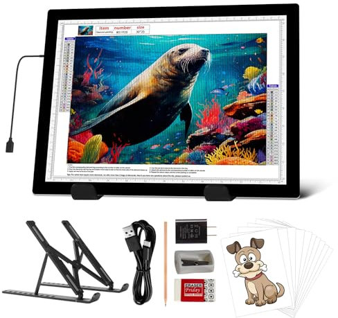 A4 Leuchttisch mit Ständer, 8000 Lux Sehr Hell 5mm Ultra Dünn Light Pad, Dimmbarer Leuchtplatte mit Adapter, LED Lichtpad Lightpad für 5D Diamond Painting Zubehör, Designen, Zeichnen Skizzieren