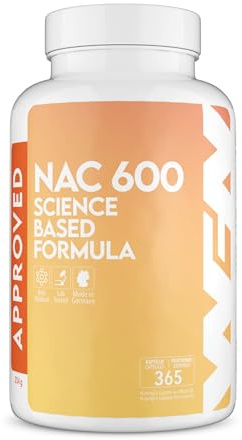 WFN Approved NAC N Acetyl Cysteine - 600 mg par gélule - 365 gélules - 12 mois d'approvisionnement - Hautement dosé, vegan, sans additifs - Fabriqué et testé en Allemagne