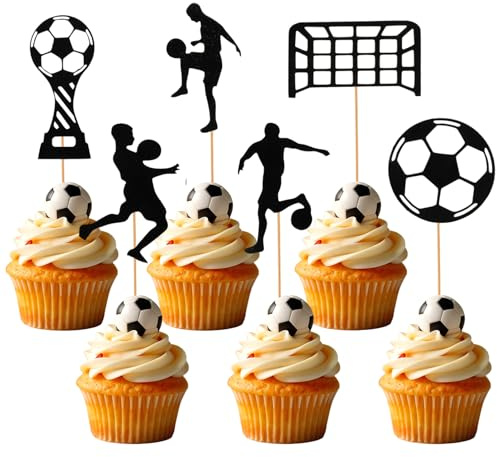 Nogeqi 24 piezas de decoración para tartas de fútbol, decoración de muffin de fútbol, fiesta de fútbol brillante, decoración para cupcakes, exquisitos adornos para tartas de fútbol, decoración para