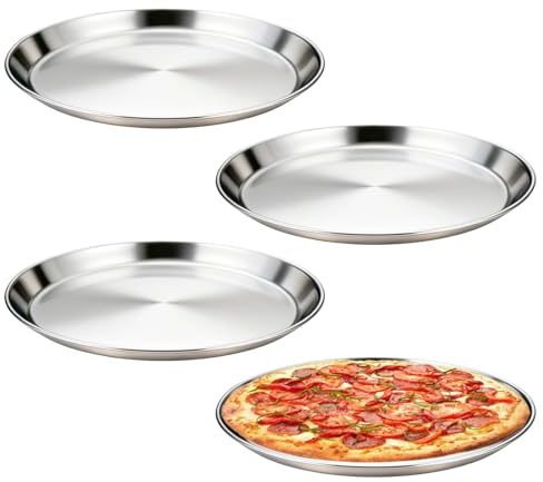 Xyvor 4 Piezas Bandejas para Pizza de 26 cm, Platos Redondos de Acero Inoxidable, Bandeja Para Hornear Pizza, Bandejas Redondas para Pizza de Acero Inoxidable para Camping, Barbacoa, Pasteles