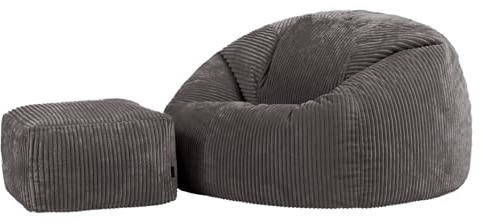 icon Classico XXL Poltrona Sacco con Poggiapiedi, Grigio Scuro, Velluto a Coste, Pouf Poltrona con Riempimento Incluso, Pouf Sacco, Camera da Letto, Soggiorno, Mobili Soggiorno