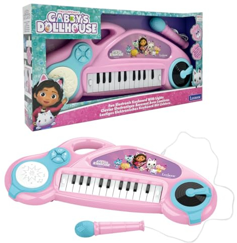 Lexibook, Gabby et la Maison Magique, Piano électronique pour Enfants avec Effets Lumineux, Microphone, Batterie, Haut-Parleur intégré, mélodies de démonstration, Lecteur DJ, Rose/Bleu, K704GDHLXB