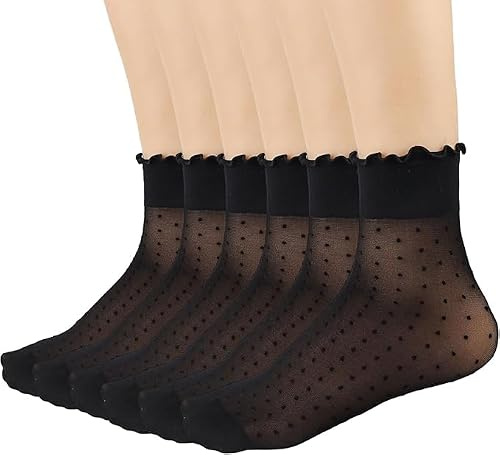 12 Pairs Women's Nylon Sheer Ruffle Socks Transparent Silk Ankle Pop Socks | Sheer Socks Women Frilly Socks Summer Ultra Transparent Thin Cool See Through Silk Ankle Socks Patterned Polka Dots for Women