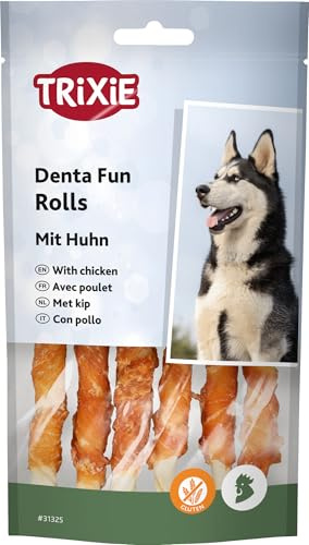 TRIXIE Denta Fun Rolls mit Huhn - Rinderhaut mit Hühnchenfilet ummantelt - 6 Stück - 12 cm - 70 g - Glutenfrei - 31325