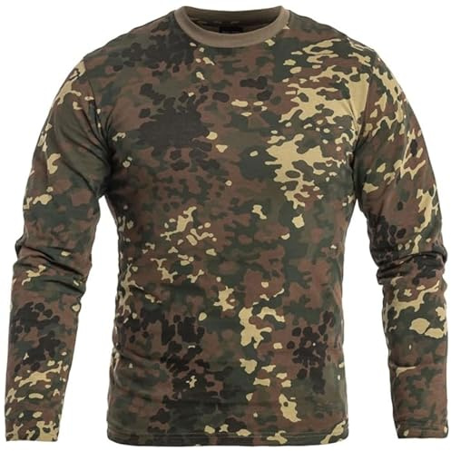 Mil-Tec Herren Langarmshirt • 100% Baumwolle Camouflage Shirt • Taktisches Longsleeve mit Rundhals • Gr. S • Flecktarn