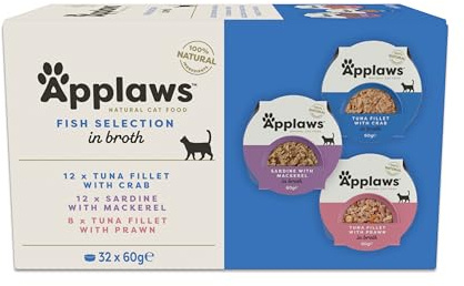 Applaws 100% Natural Wet Cat Food Pot, Multipack Fish Selection in Broth 60g Pots (Pack of 4, Total 32 Pots)