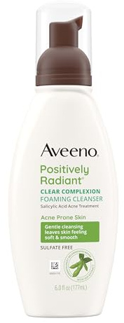 Aveeno Clear Complexion Foaming Oil-Free Facial Cleanser with Soy Extract & 0.5% Salicylic Acid, Acne Treatment Face Wash for Acne-Prone Skin, Sulfate-Free & Hypoallergenic, 6 fl. oz