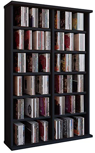 VCM Holz CD DVD Stand Regal | CD Regal mit Platz für 300 CDs oder 130 DVDs oder 72-Videos | Maße: H. 92 x B. 60 x T. 18 cm. | Elegantes DVD Regal | Blu ray Regal | CD Regal - Ronul Schwarz
