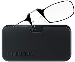 ThinOptics Reading Glasses 2.00 Black Frames With Universal Pod Compact Case - Ultra-light Foldable Rectangular Glasses - Clip-on Nose - 2.00 Strength With Flex-Fit Technology