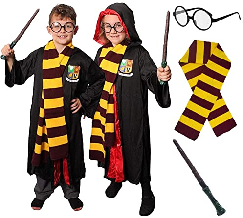 Childs Wizard Costume - Black Robe with Magical School Logo, Maroon & Gold Scarf, Round Glasses and Branch Wand - Kids World Book Day Book Week Fancy Dress Costume