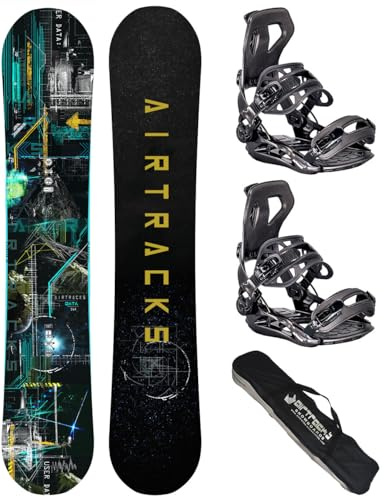 Airtracks Herren Snowboard Set Freeride Freestyle – Data Flat Zero Rocker Wide Snowboard 155 - Softbindung Master L - SB Bag
