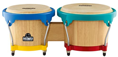 Nino Percussion Wood Bongo Instrument - Musikinstrument für Kinder ab 5 Jahren - 2 Handtrommeln - Siam Eiche, Natur und Mehrfarbig (NINO3NT-BK)