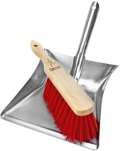 Kehrgarnitur Kehrset mit Buchenholz Handbesen und verzinkter Metallschaufel. Widerstandsfähiges und praktisches Industrie und Gartenkehrset mit roten Elastonborsten