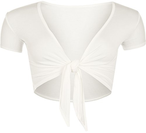 WearAll New Ladies Tie Up Shrug Crop Top Womens Short Sleeve Stretch Open Top Cream 8/10