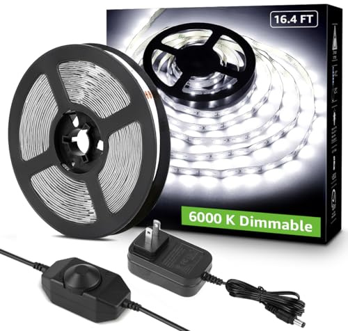 Lepro LED Strip Light White, 16.4ft Dimmable Vanity Lights, 6000K Super Bright LED Tape Lights, 300 LEDs 2835, Strong 3M Adhesive, Suitable for Home, Kitchen, Under Cabinet, Bedroom, Daylight White
