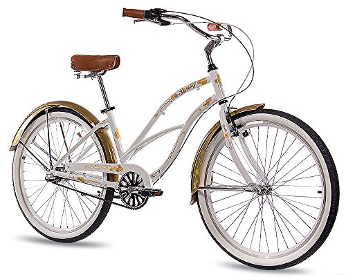 CHRISSON 26 Zoll Beachcruiser Sandy Weiss Gold mit 3 Gang Shimano Nexus Nabenschaltung, Damenfahrrad im Retro Look, Vintage Cruiser Bike