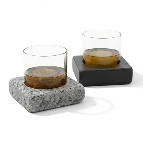 Cool Coaster 6 Piece Set- Includes: Two 4 Square Granite Aluminum-Lined Chilling Coasters, Two 8 oz Glass Tumblers & Two(2) On the Rocks Solid Granite Whisky Stones by Sea Stones