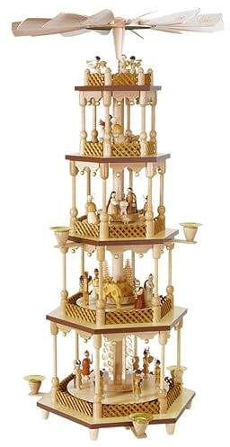 Pirámide de Navidad nacimiento de Cristo, 4 pisos, 70 cm. de alto, natural, orginal de los Montes Metálicos (Erzgebirge) hecho por la empresa Richard Glaesser del pueblo de Seiffen