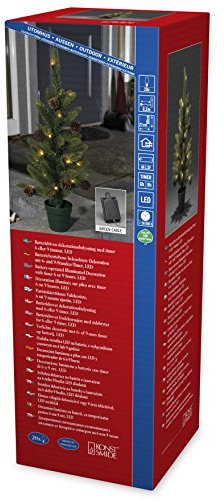 Konstsmide 3781-100 LED Weihnachtsbaum mit Tannenzapfen und Topf / für Außen (IP44) / Batteriebetrieben: 4xAA 1.5V (exkl.) / mit 6h und 9h Timer / 20 warm weiße Dioden / grünes Kabel, 60 cm