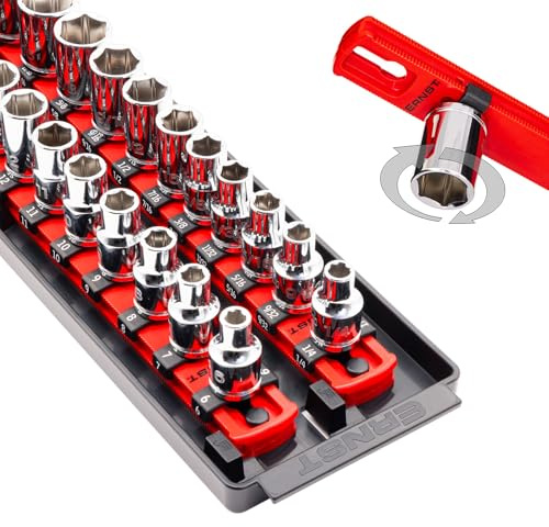 Ernst Mfg. 8493 RD Socket BOSS Tray High-Density System with (2) Red 13 Socket Rail + (28) Twist Lock Clips, 3/8 Drive - Made in USA