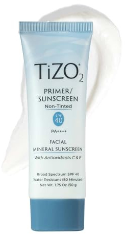 TiZO2 Facial Mineral Sunscreen and Primer SPF 40 Broad Spectrum with Antioxidants, Non-Tinted, Sheer Matte Finish, Fragrance-Free, Oil-Free, Dermatologist-Recommended, PA++++ 1.75 oz