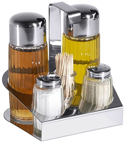 Menage, 5 piezas, de acero inoxidable 18/10, con inserciones de cristal, para Vinagre y Aceite (567691 ausgüsse), sal & pimienta y palillero/14 X 11 X 15 Cm, ERK
