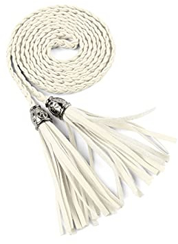 sourcing map Women's Tassel Braided Belts Skinny Woven Waist Belts for Skirt Dress Beige 132 cm/52 inches