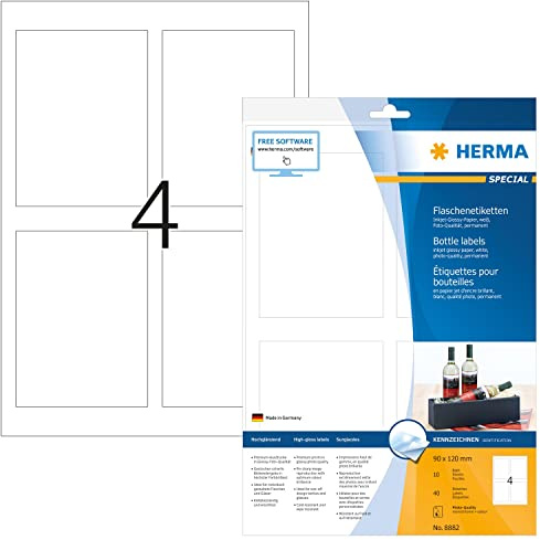 Herma 8882 - Paquete de 40 etiquetas adhesivas rectangulares (90 x 120 mm, especiales para botellas), color blanco brillante