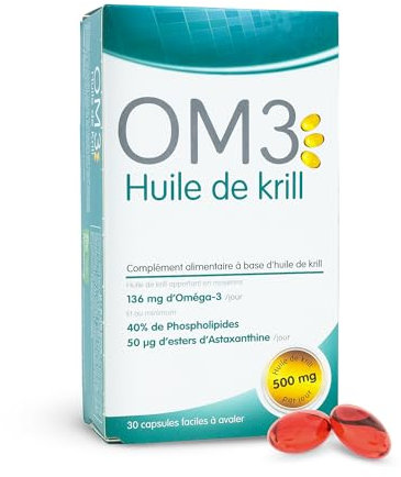 OM3 - Huile de Krill - Riche en Oméga-3, Phospholipides et Esters d’Astaxanthine -Pêche de manière durable en Antarctique - 30 capsules