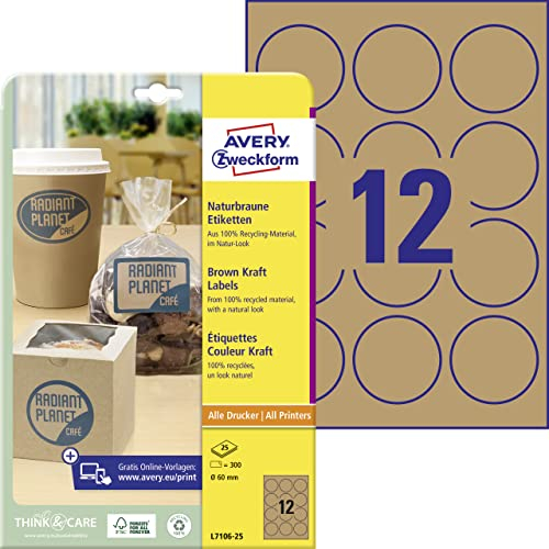 AVERY Zweckform L7106-25 Kraftpapier Etiketten (300 Aufkleber zum Bedrucken, Ø60 mm auf A4, selbstklebend, runde Recycling Etiketten, nachhaltige Produktaufkleber) 25 Blatt, naturbraun