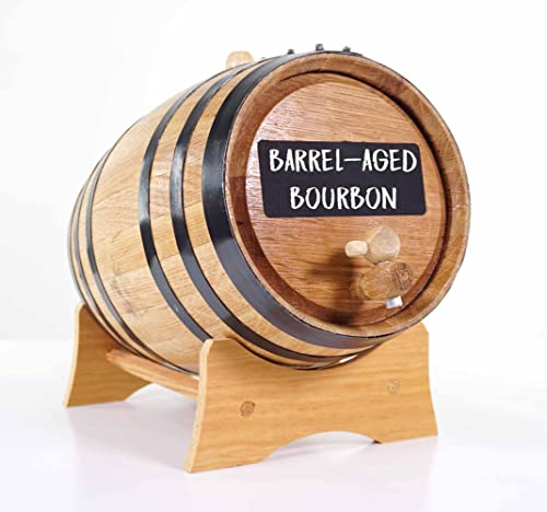 1 Gallon Oak Aging Barrel Dispenser (5 Liter) with Chalkboard Front, Wood Stand, Bung & Spigot - Charred Mini Bourbon Whiskey Barrels For The Home Brewer, Distiller, Wine Maker, Cocktail Aging